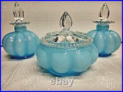 Vintage 40's Fenton Blue Overlay Melon Perfume Cologne Bottles & Powder Jar Set