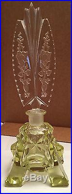 Vintage 8.5 Tall Canary Cut Crystal Footed Czechoslovakian Perfume Bottle