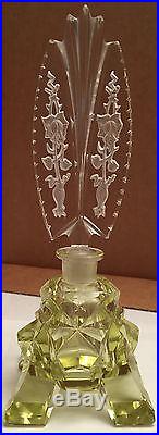 Vintage 8.5 Tall Canary Cut Crystal Footed Czechoslovakian Perfume Bottle