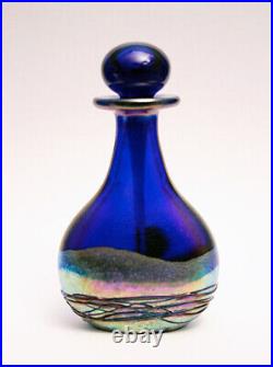 Vintage'80 GILVEY Art Glass IRIDESCENT COBALT THREADED Moonrise Perfume+Stopper