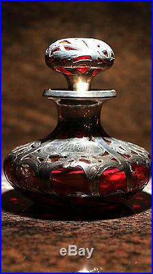 Vintage Alvin Red Colored Glass Perfume 4 Bottle with Silver Overlay
