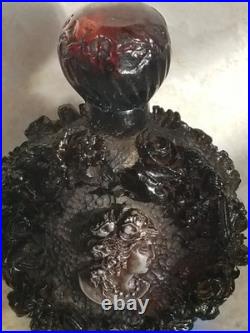 Vintage Amber 3 Perfume Bottle Hand Carved 1930's Womans Profile Floral Design