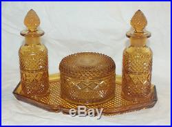 Vintage Amber Pattern Glass Tray Perfume Scent Bottles Powder Dish Set