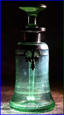 Vintage American Green Colored Glass Perfume 5 Bottle with Silver Overlay
