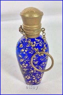 Vintage Antique Cobalt Blue Floral Gilt Chatelaine Perfume Scent Bottle