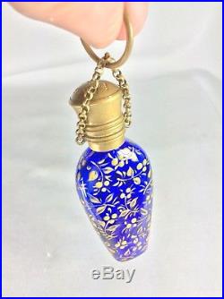 Vintage Antique Cobalt Blue Floral Gilt Chatelaine Perfume Scent Bottle