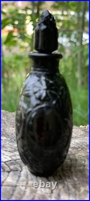 Vintage Antique French Molded Decorative Black Glass Perfume Bottle Rare