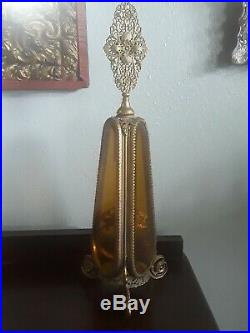 Vintage Antique Gold Filigree Ormolu Beveled Glass Rose Cherub Perfume Bottle