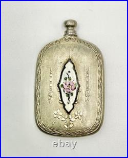 Vintage Antique Perfume Bottle Guilloche Silver Plate Enamel Floral