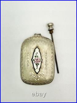 Vintage Antique Perfume Bottle Guilloche Silver Plate Enamel Floral