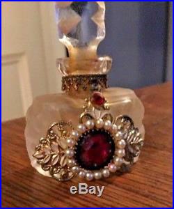 Vintage Antique Victorian Signed Czech Jeweled Art Deco Nouveau Perfume Bottle