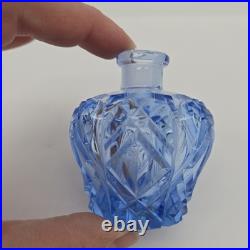 Vintage Art Deco Czech Blue Crystal Glass Perfume Bottle with Large Etched Stopper