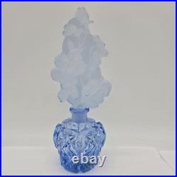 Vintage Art Deco Czech Blue Crystal Glass Perfume Bottle with Large Etched Stopper