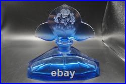 Vintage Art Deco Czech Blue Glass Perfume Bottle with Large Etched Stopper