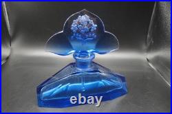 Vintage Art Deco Czech Blue Glass Perfume Bottle with Large Etched Stopper