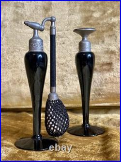 Vintage Art Deco DeVilbiss Black Glass Perfume Atomizer & DropperBottle Set