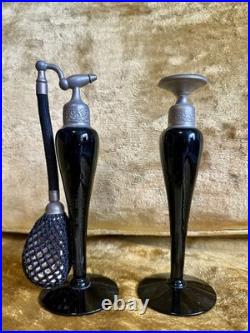 Vintage Art Deco DeVilbiss Black Glass Perfume Atomizer & DropperBottle Set