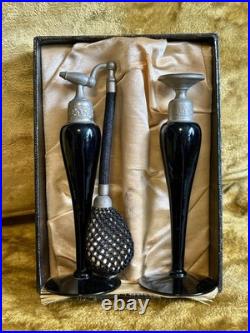 Vintage Art Deco DeVilbiss Black Glass Perfume Atomizer & DropperBottle Set