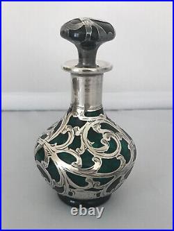 Vintage Art Deco Emerald Green Glass Sterling Silver Overlay Perfume Bottle