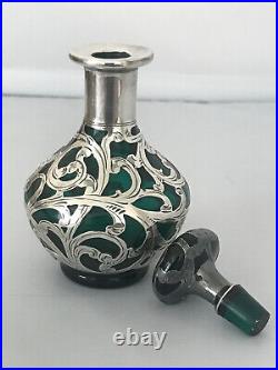Vintage Art Deco Emerald Green Glass Sterling Silver Overlay Perfume Bottle