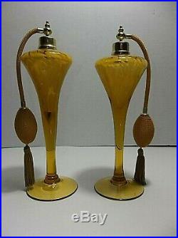 Vintage Art Deco Glass Perfume ATOMIZER Bottles AMBER Set Of 2