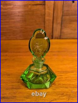Vintage Art Deco Green Cut Glass Perfume Bottle Cupid Etched Stopper c. 1930s