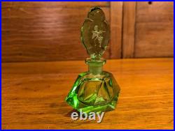 Vintage Art Deco Green Cut Glass Perfume Bottle Cupid Etched Stopper c. 1930s
