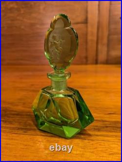 Vintage Art Deco Green Cut Glass Perfume Bottle Cupid Etched Stopper c. 1930s