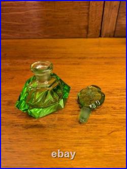 Vintage Art Deco Green Cut Glass Perfume Bottle Cupid Etched Stopper c. 1930s