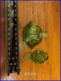 Vintage Art Deco Green Cut Glass Perfume Bottle Cupid Etched Stopper c. 1930s