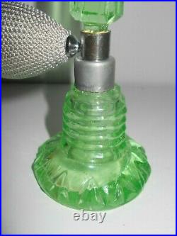 Vintage Art Deco Green Vaseline Glass Perfume Bottle Atomizer 6 Tall