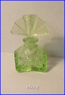 Vintage Art Deco Green Vaseline Glass Perfume Bottle Uranium Glows Japan