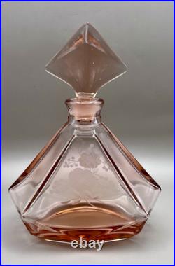 Vintage Art Deco Large Perfume Bottle Pink Crystal Glass Brockwitz Style 8.5 ta