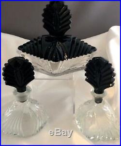 Vintage Art Deco Perfume Bottles & Powder Jars Crystal And Black Dresser Set