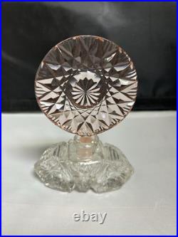 Vintage Art Deco Pink & Clear Cut Glass Perfume Bottle with Geometric Stopper