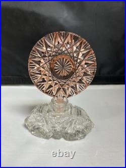 Vintage Art Deco Pink & Clear Cut Glass Perfume Bottle with Geometric Stopper