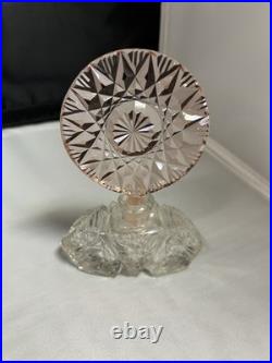 Vintage Art Deco Pink & Clear Cut Glass Perfume Bottle with Geometric Stopper
