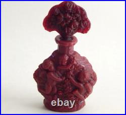 Vintage Art Deco Ruby / Maroon Opaque Perfume Bottle w Cherubs Made in Japan