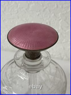 Vintage Art Deco Solid Silver & Guilloche Enamel Glass Perfume Bottle Etched
