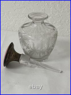 Vintage Art Deco Solid Silver & Guilloche Enamel Glass Perfume Bottle Etched