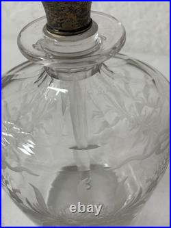 Vintage Art Deco Solid Silver & Guilloche Enamel Glass Perfume Bottle Etched