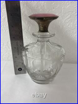 Vintage Art Deco Solid Silver & Guilloche Enamel Glass Perfume Bottle Etched