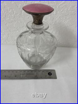Vintage Art Deco Solid Silver & Guilloche Enamel Glass Perfume Bottle Etched