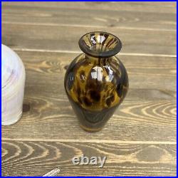 Vintage Art Glass Cased Leopard & Multi Color Perfume Bottle Clear Stopper Set 2