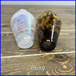 Vintage Art Glass Cased Leopard & Multi Color Perfume Bottle Clear Stopper Set 2