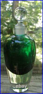 Vintage Art Glass Submerged Perfume Bottle with Stopper Clear and Green 8-1/4