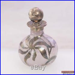 Vintage Art Nouveau Sterling Silver Deposit Glass Perfume Dresser Bottle Floral