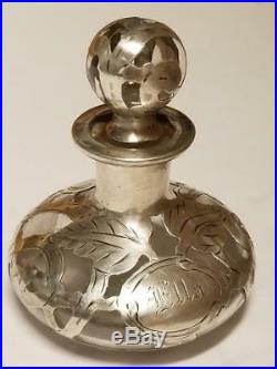 Vintage Art Nouveau Sterling Silver Overlay on Glass Perfume Bottle Ella