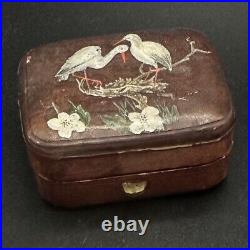Vintage Asian Hand Painted Small Leather Box with Cut Glass Perfume Bottle