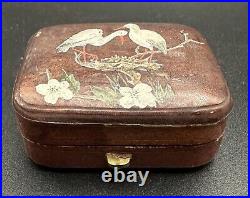 Vintage Asian Hand Painted Small Leather Box with Cut Glass Perfume Bottle